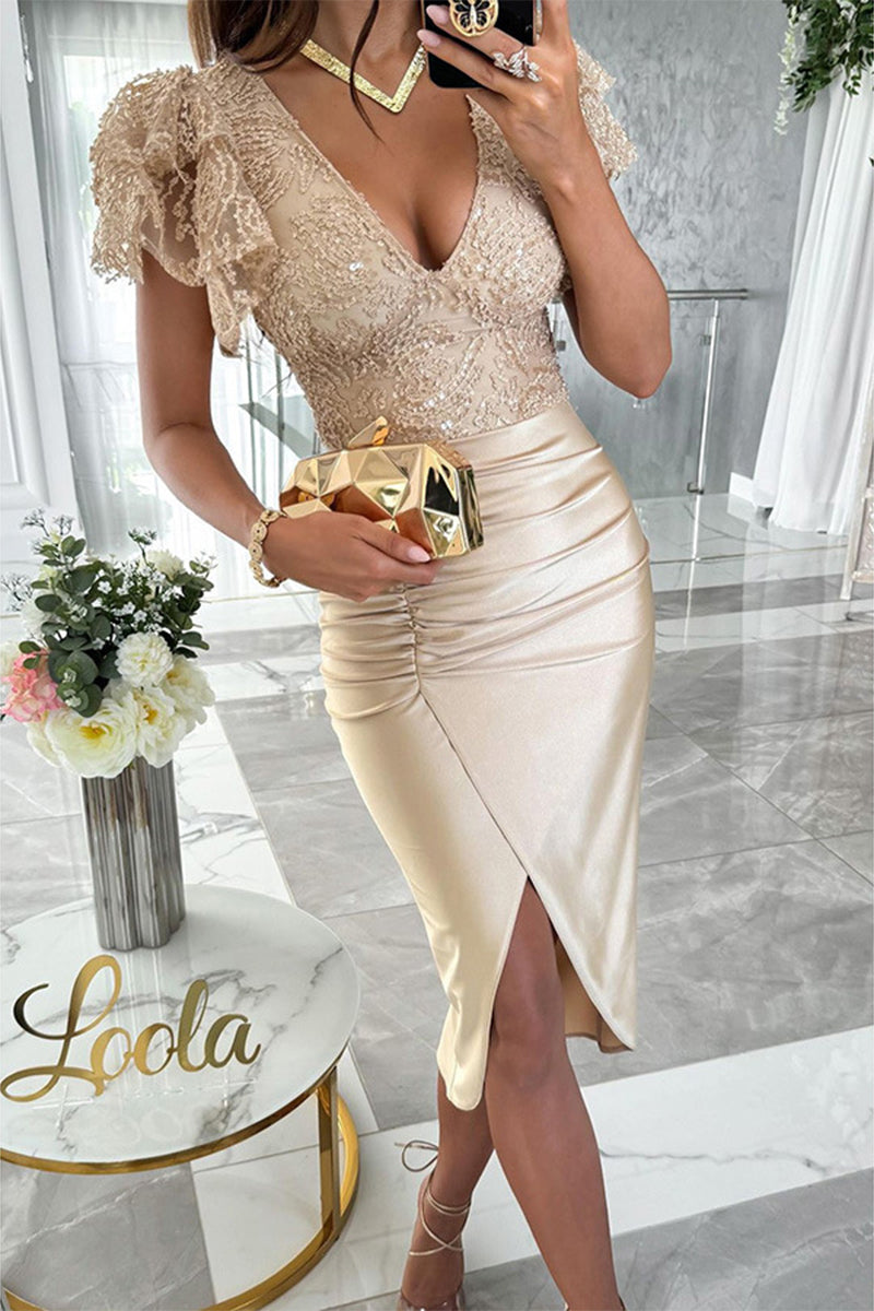 Valenzora | Elegante Celebrity-Kleider mit Pailletten, Wickelrock und V-Ausschnitt in Unifarben