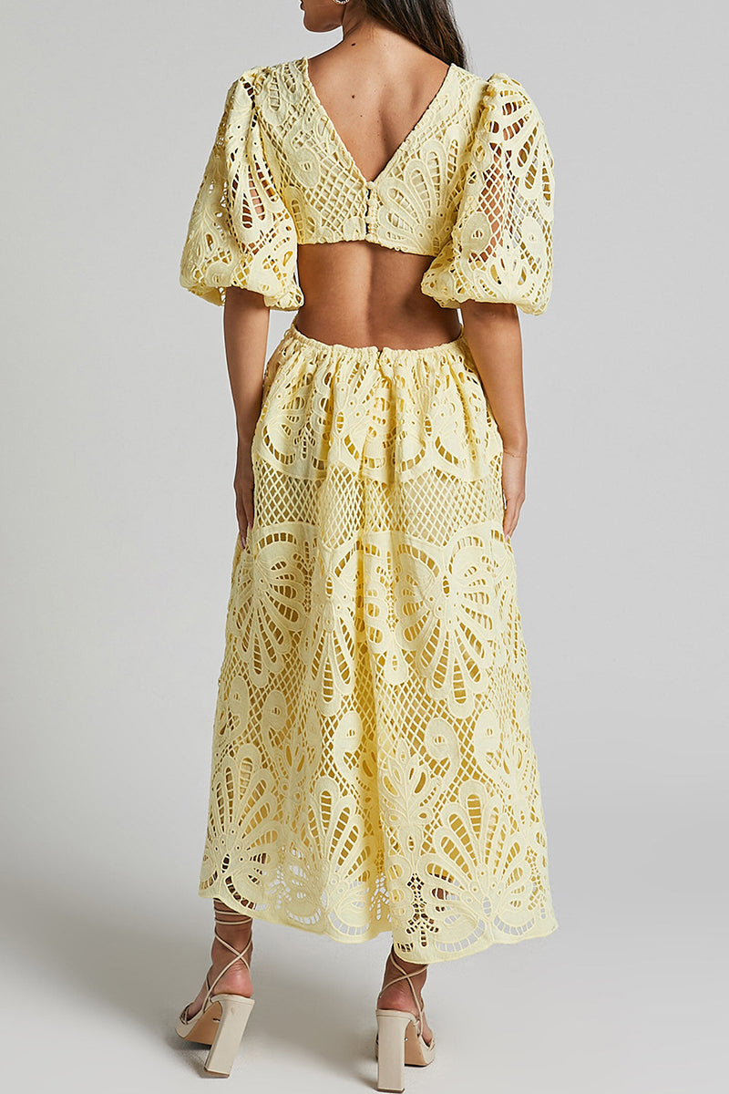 Valenzora | Sexy Solid Color Lace Embroidered Hollow Out V-Neck A-Line Dresses - 4 Colors