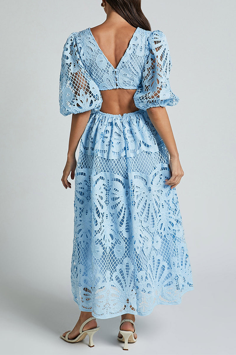 Valenzora | Sexy Solid Color Lace Embroidered Hollow Out V-Neck A-Line Dresses - 4 Colors