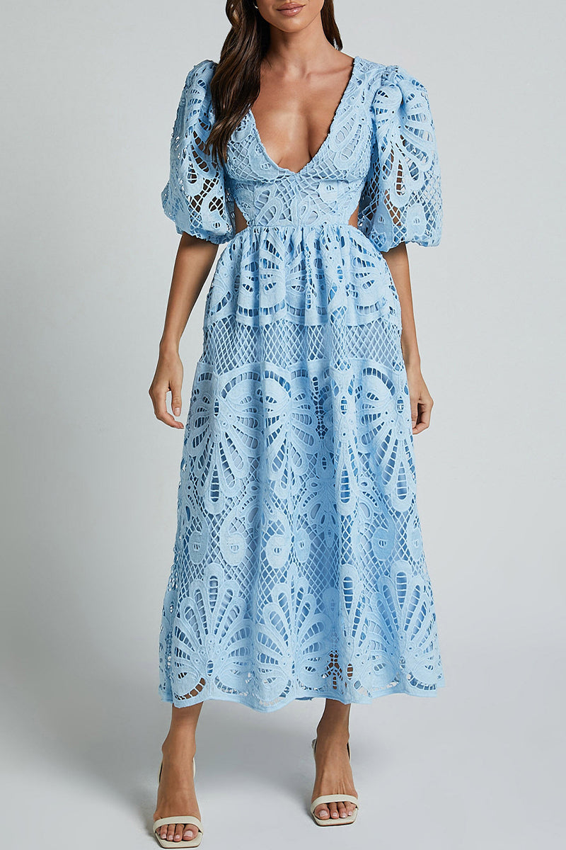 Valenzora | Sexy Solid Color Lace Embroidered Hollow Out V-Neck A-Line Dresses - 4 Colors