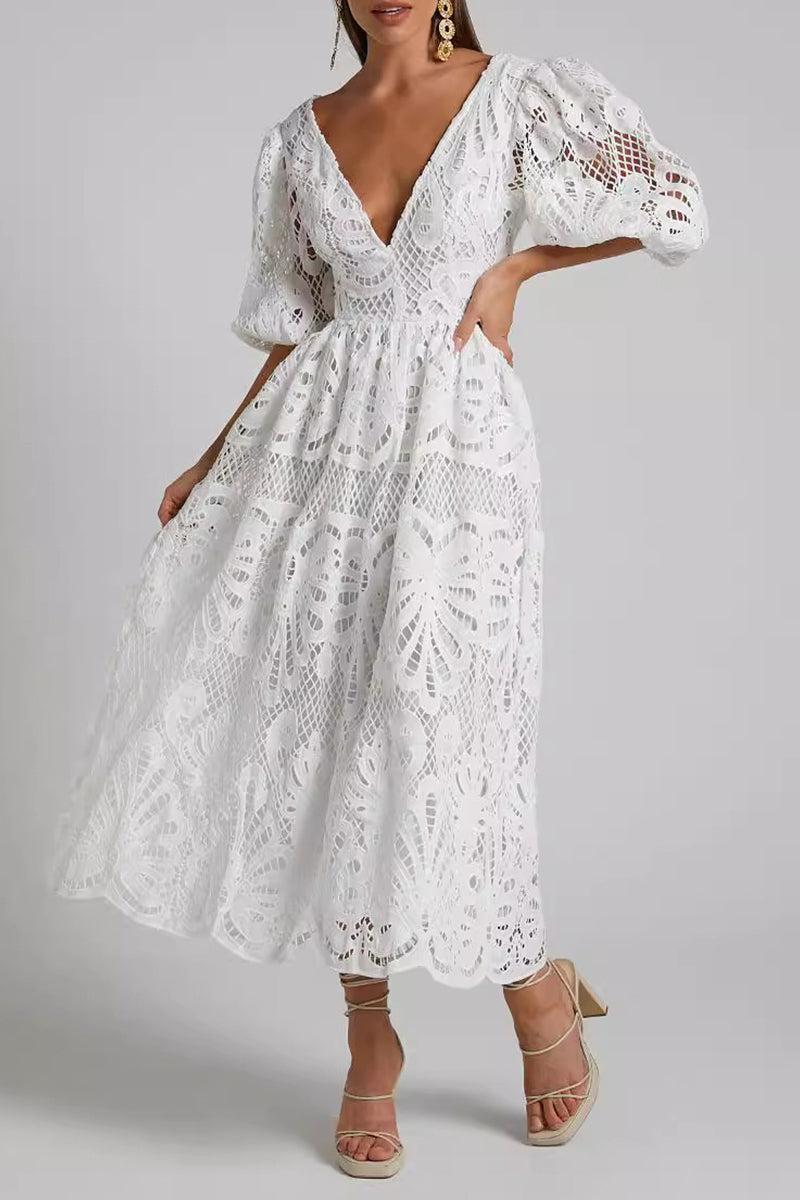 Valenzora | Sexy Solid Color Lace Embroidered Hollow Out V-Neck A-Line Dresses - 4 Colors