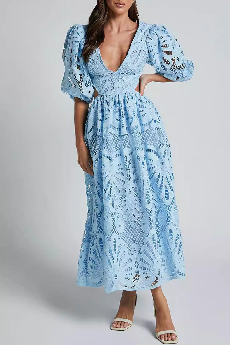 Valenzora | Sexy Solid Color Lace Embroidered Hollow Out V-Neck A-Line Dresses - 4 Colors