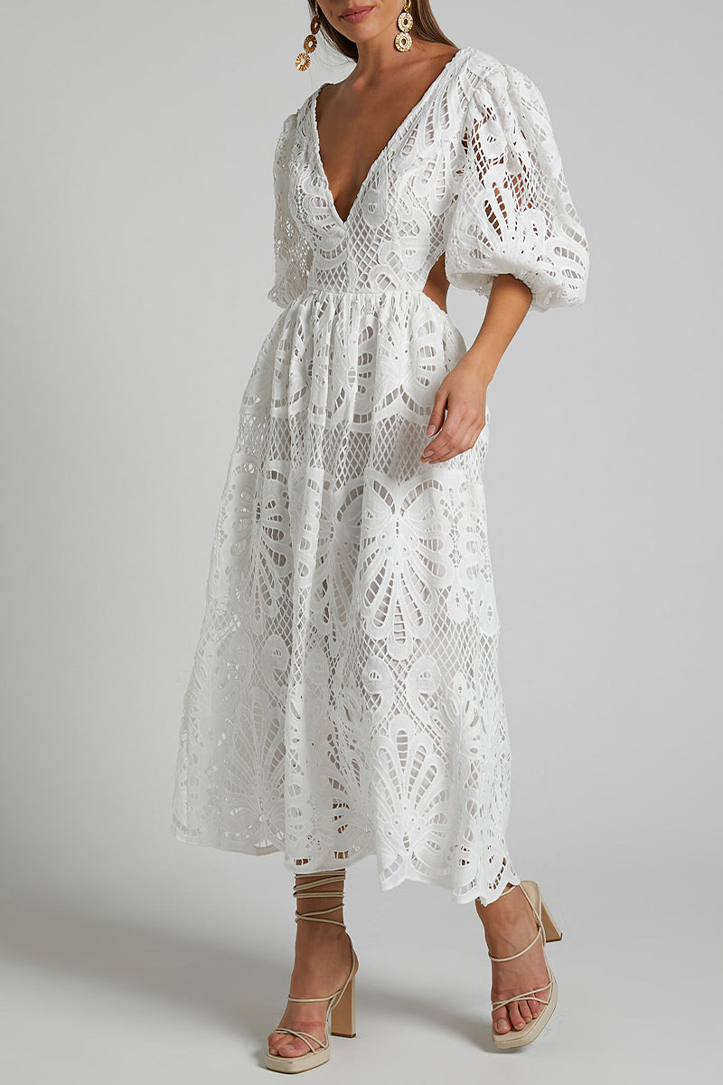 Valenzora | Sexy Solid Color Lace Embroidered Hollow Out V-Neck A-Line Dresses - 4 Colors