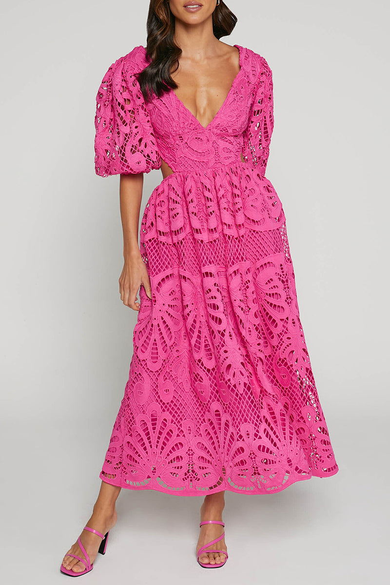 Valenzora | Sexy Solid Color Lace Embroidered Hollow Out V-Neck A-Line Dresses - 4 Colors