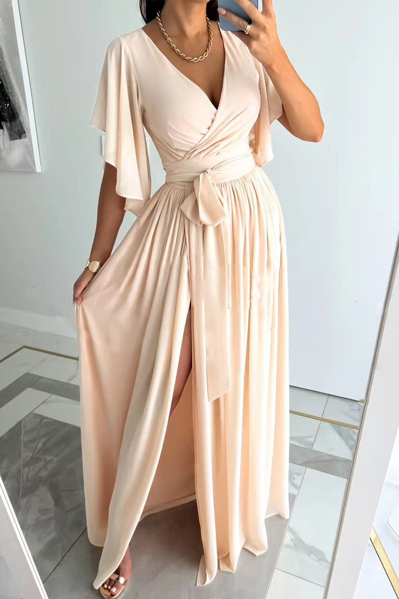Valenzora | Elegant Solid Color Frenulum Ruffle V-Neck A-Line Dresses - 4 Colors