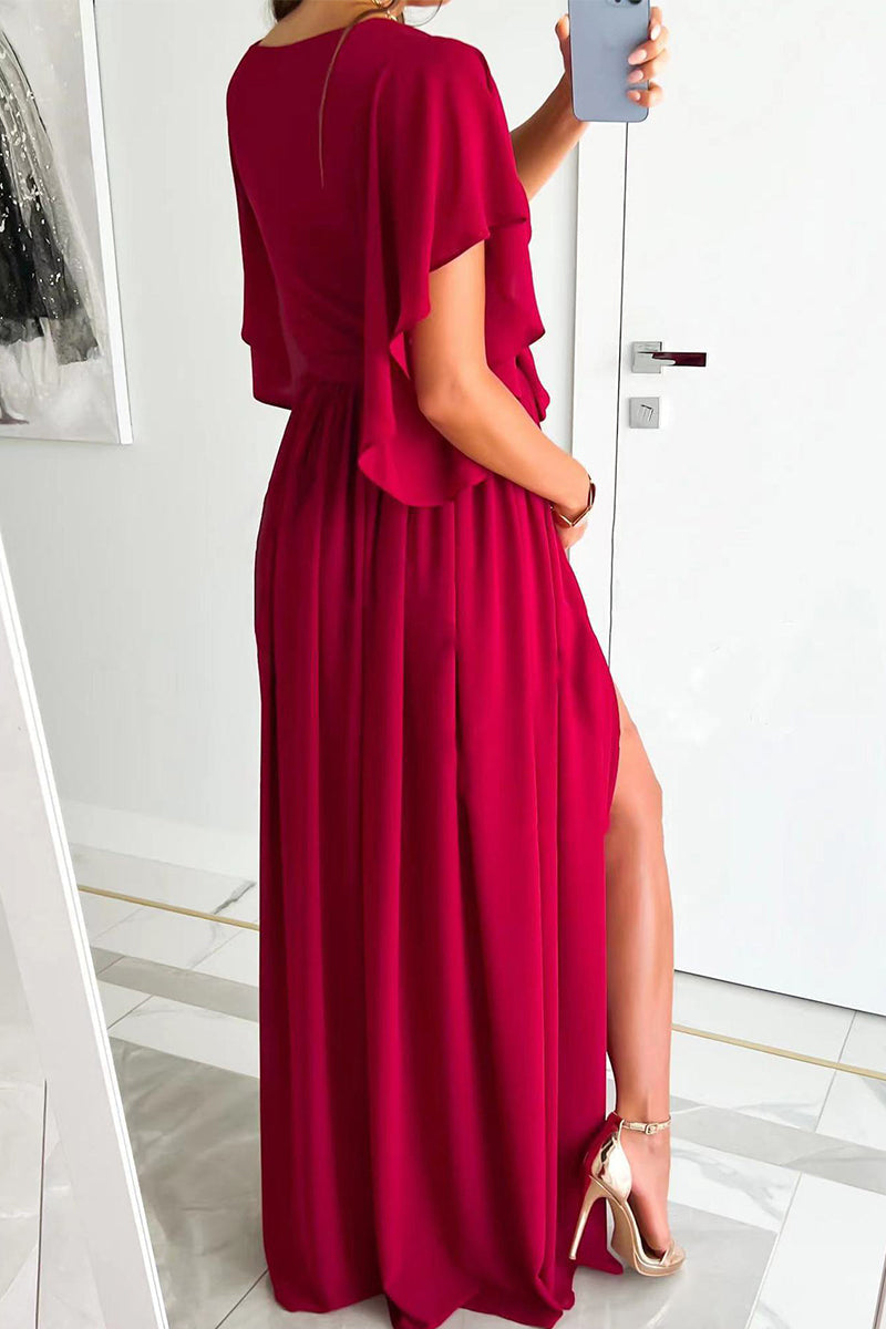 Valenzora | Elegant Solid Color Frenulum Ruffle V-Neck A-Line Dresses - 4 Colors