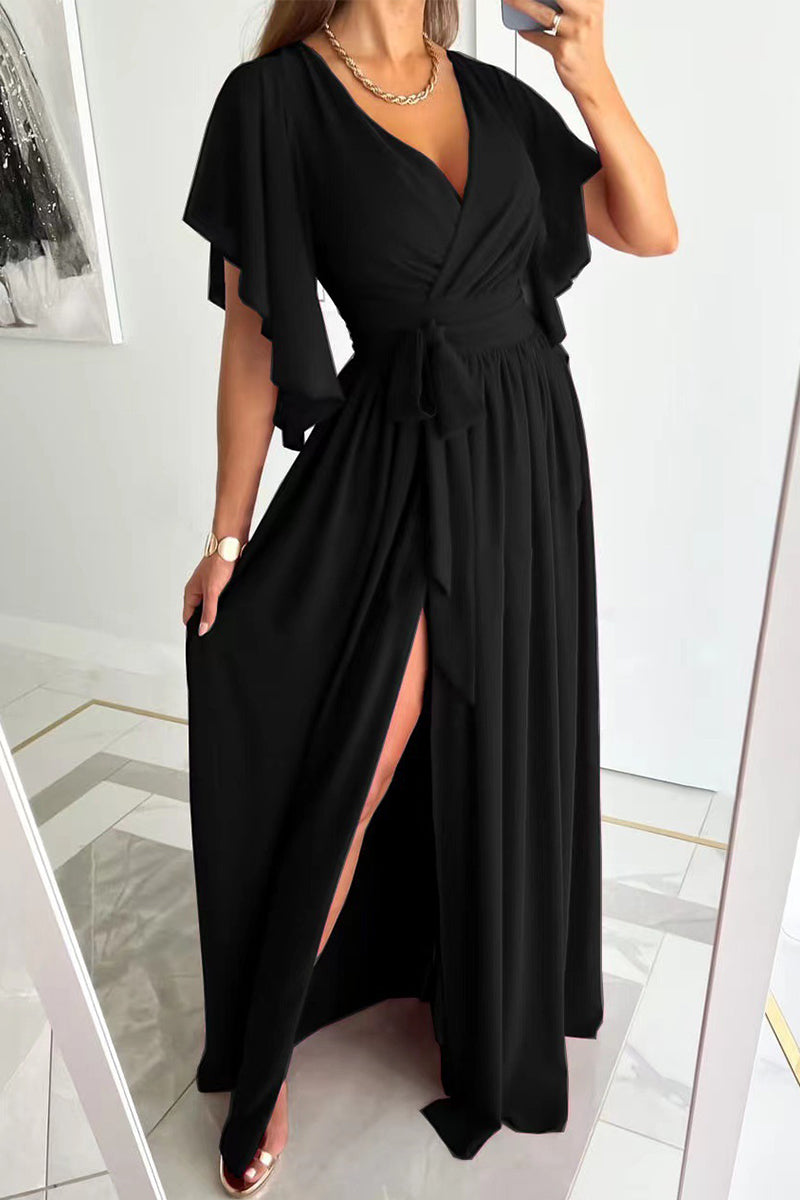 Valenzora | Elegant Solid Color Frenulum Ruffle V-Neck A-Line Dresses - 4 Colors