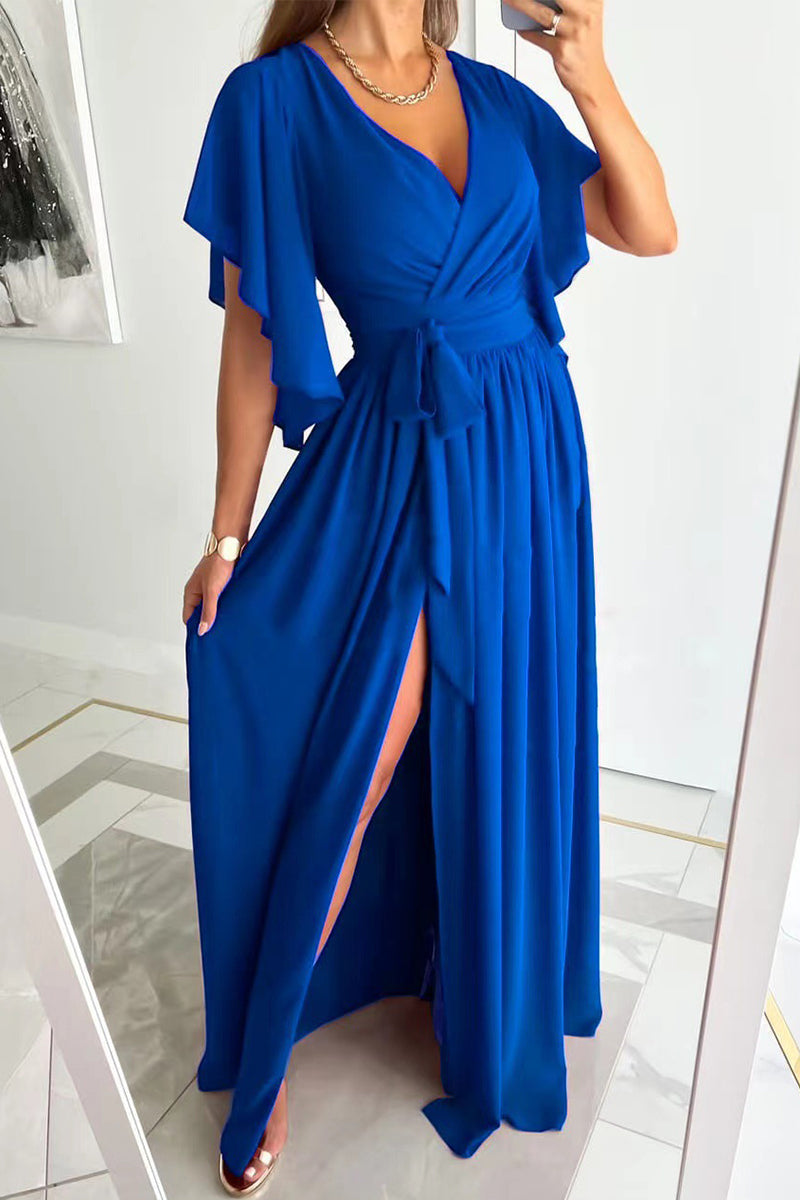 Valenzora | Elegant Solid Color Frenulum Ruffle V-Neck A-Line Dresses - 4 Colors