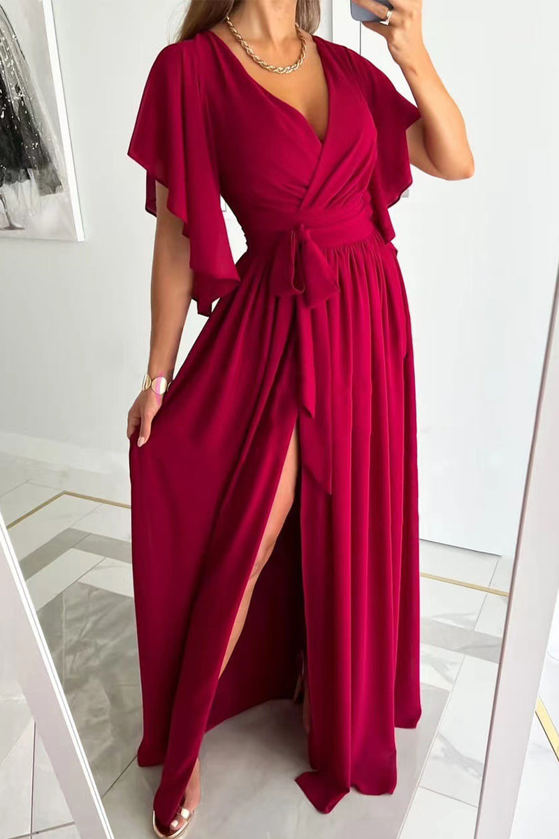Valenzora | Elegant Solid Color Frenulum Ruffle V-Neck A-Line Dresses - 4 Colors