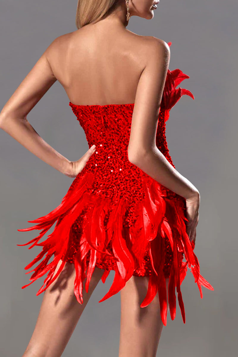 Valenzora | Sexy Solid Sequin Patchwork Feather Zipper Strapless Wrap Skirt Dresses - 4 Colors
