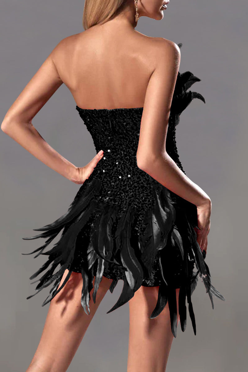 Valenzora | Sexy Solid Sequin Patchwork Feather Zipper Strapless Wrap Skirt Dresses - 4 Colors