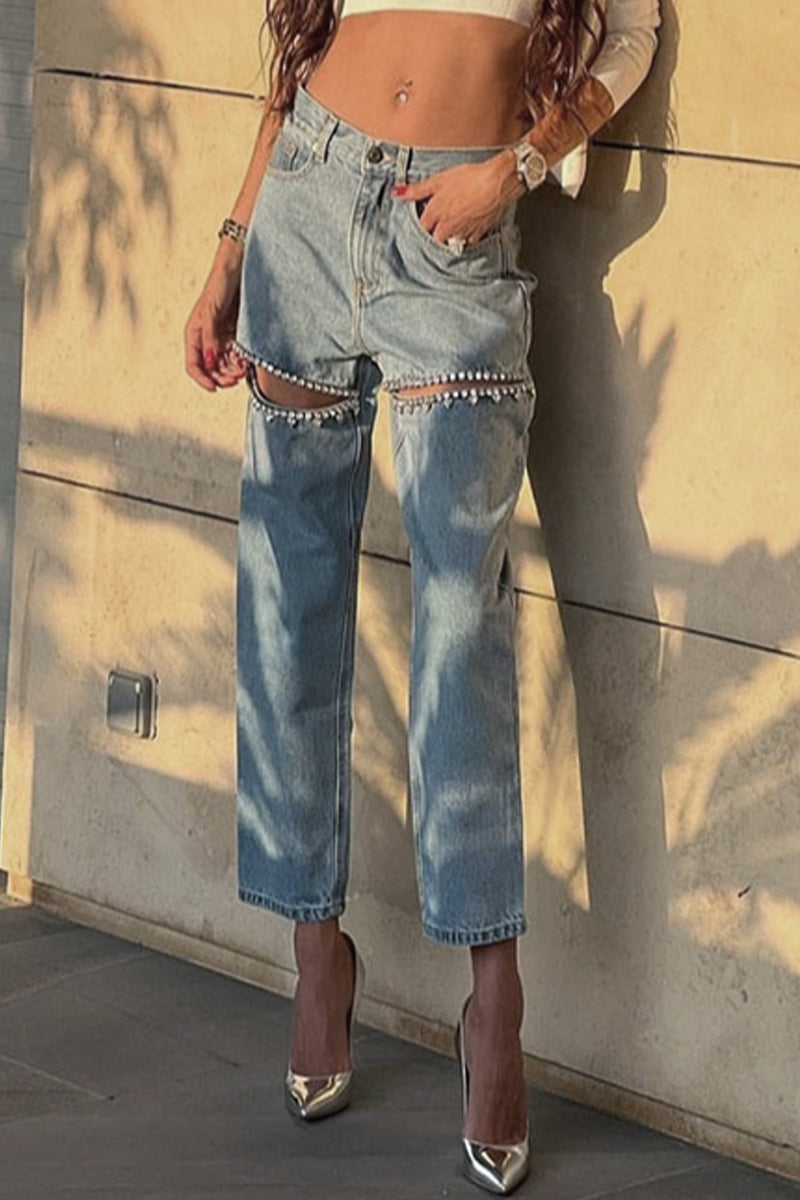 Valenzora | Einfarbige Jeans mit hohem Bund und Strass-Verzierung