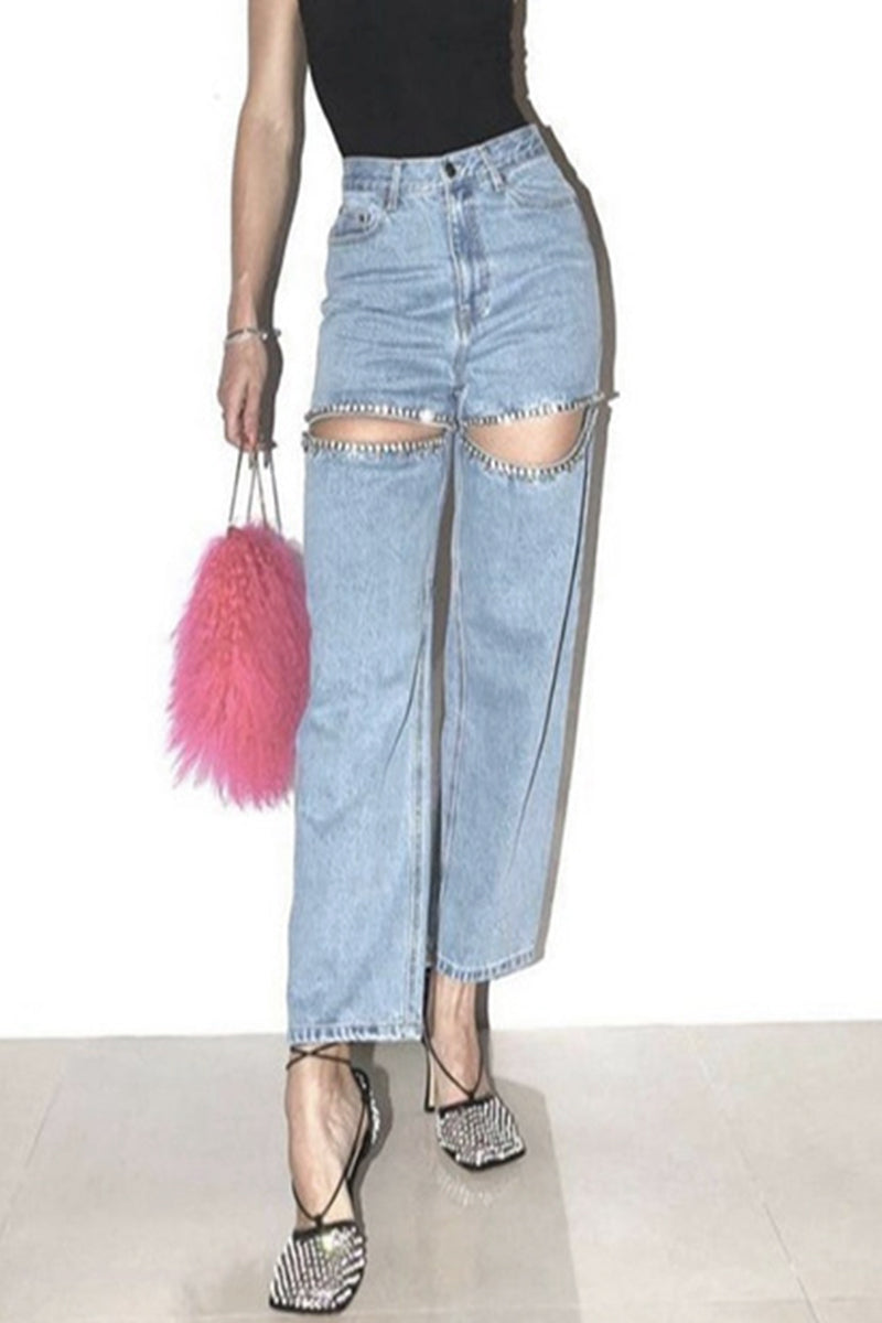 Valenzora | Einfarbige Jeans mit hohem Bund und Strass-Verzierung