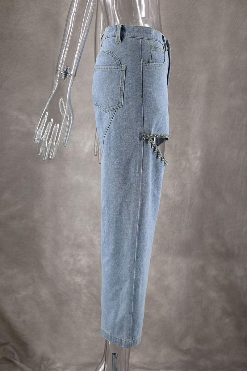 Valenzora | Einfarbige Jeans mit hohem Bund und Strass-Verzierung