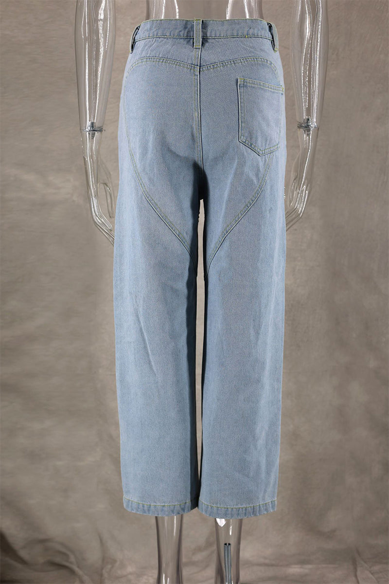 Valenzora | Einfarbige Jeans mit hohem Bund und Strass-Verzierung