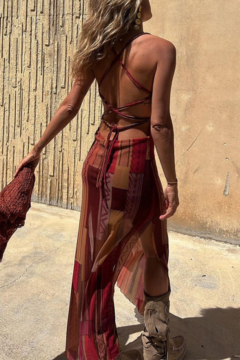 Valenzora | Sexy geometric print backless slingback dress - 3 colors