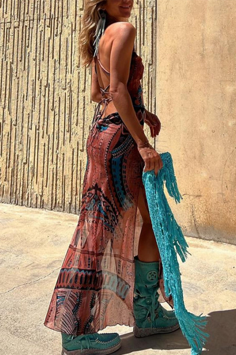 Valenzora | Sexy geometric print backless slingback dress - 3 colors
