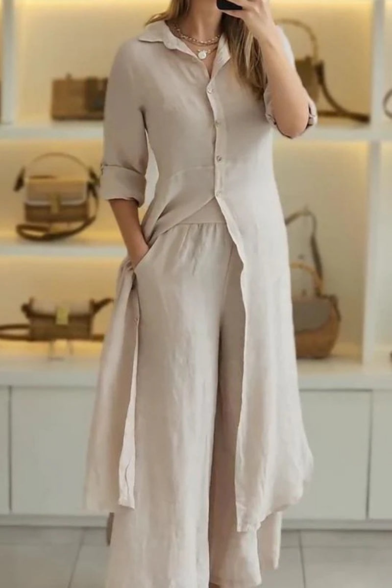 Valenzora | Casual Solid Color Button-Up Shirt Collar Long Sleeve Two-Piece Set - 7 Colors