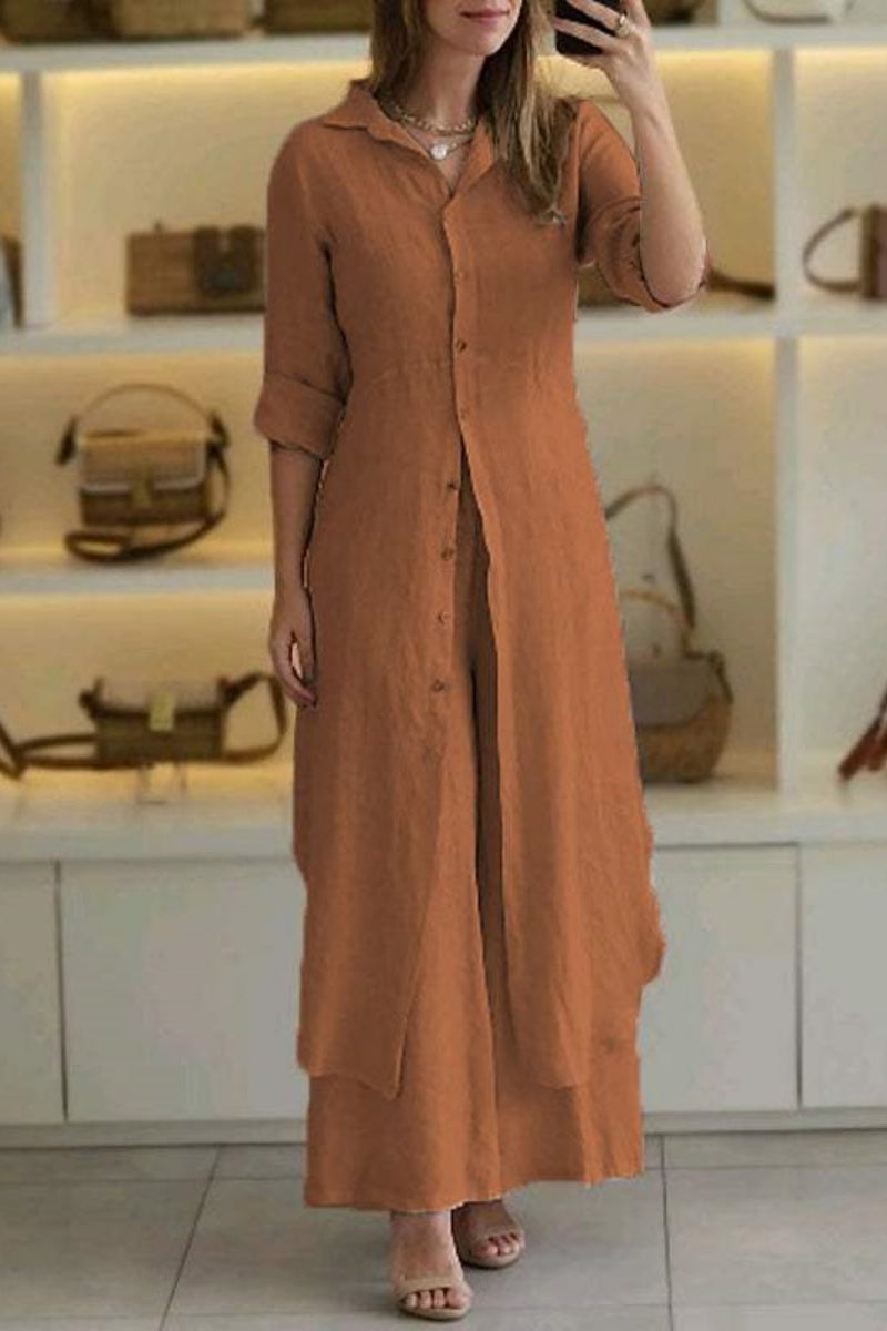 Valenzora | Casual Solid Color Button-Up Shirt Collar Long Sleeve Two-Piece Set - 7 Colors