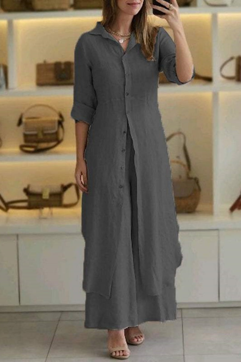 Valenzora | Casual Solid Color Button-Up Shirt Collar Long Sleeve Two-Piece Set - 7 Colors