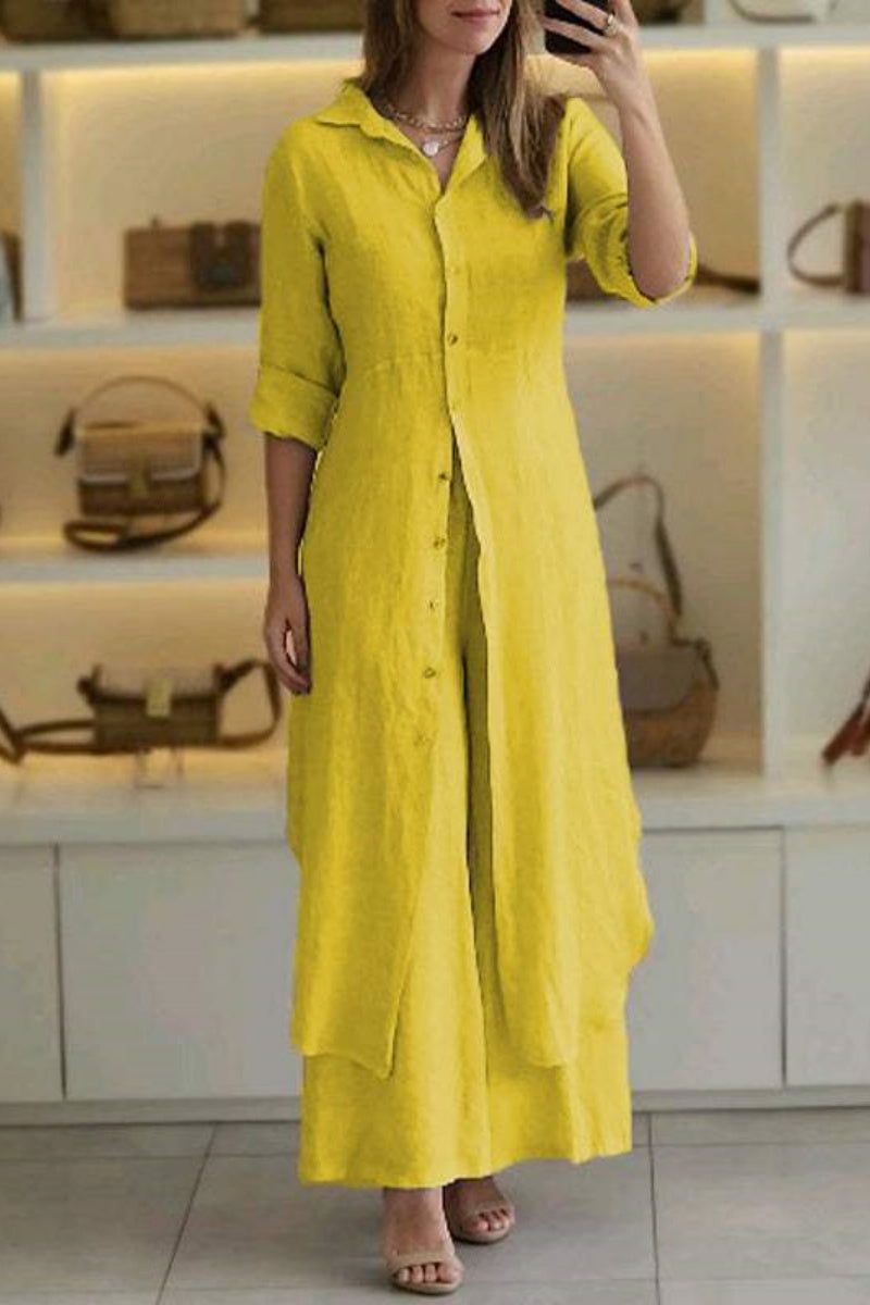 Valenzora | Casual Solid Color Button-Up Shirt Collar Long Sleeve Two-Piece Set - 7 Colors