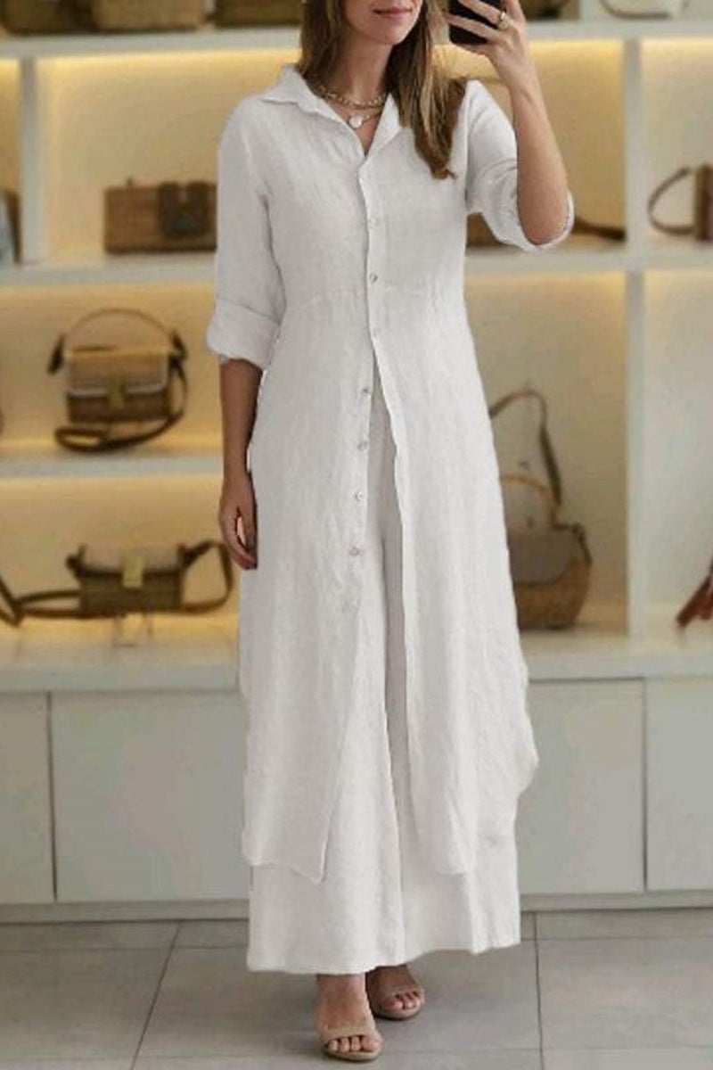 Valenzora | Casual Solid Color Button-Up Shirt Collar Long Sleeve Two-Piece Set - 7 Colors