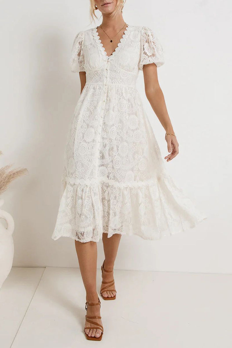 Valenzora | Casual everyday solid color lace button V-neck A-line dresses - 4 colors