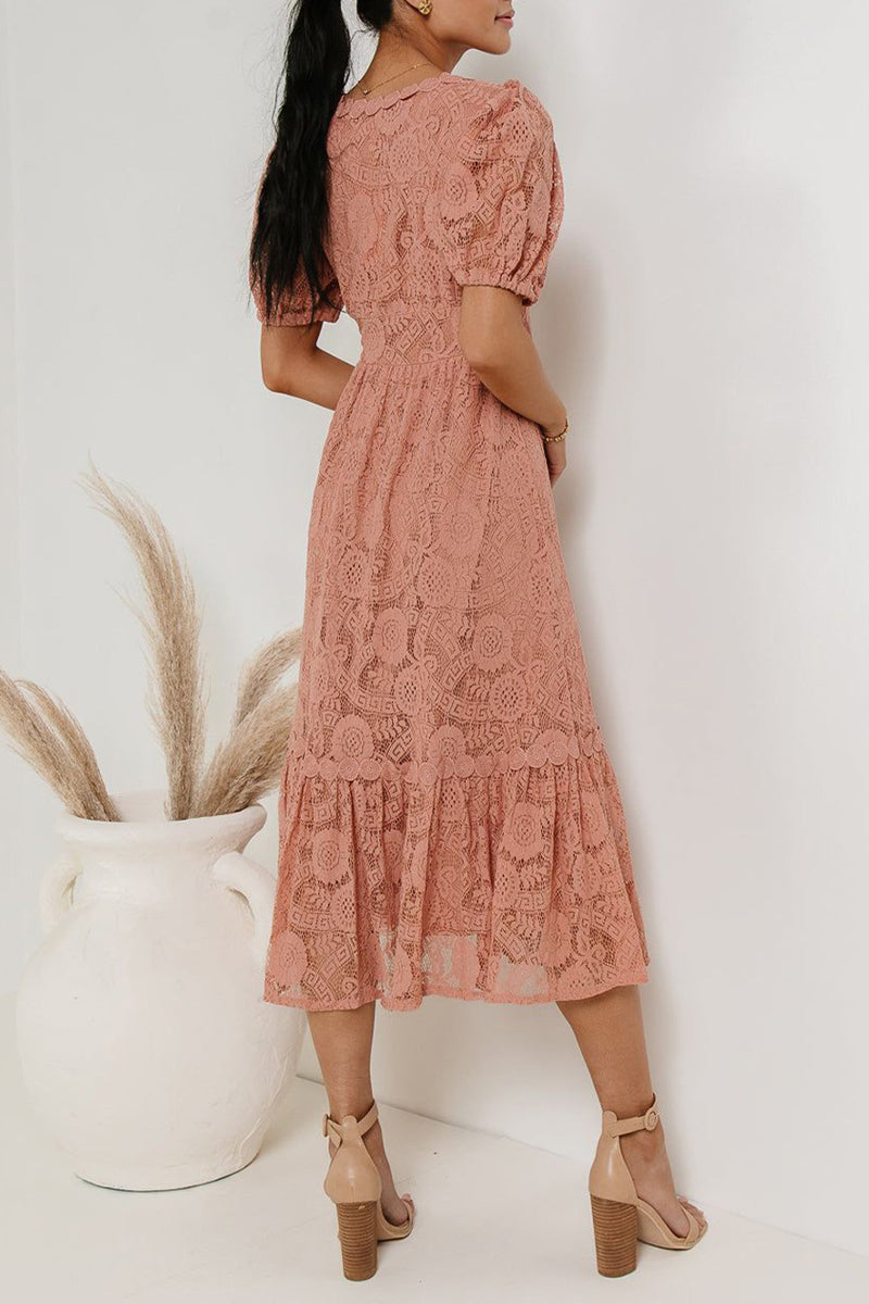 Valenzora | Casual everyday solid color lace button V-neck A-line dresses - 4 colors