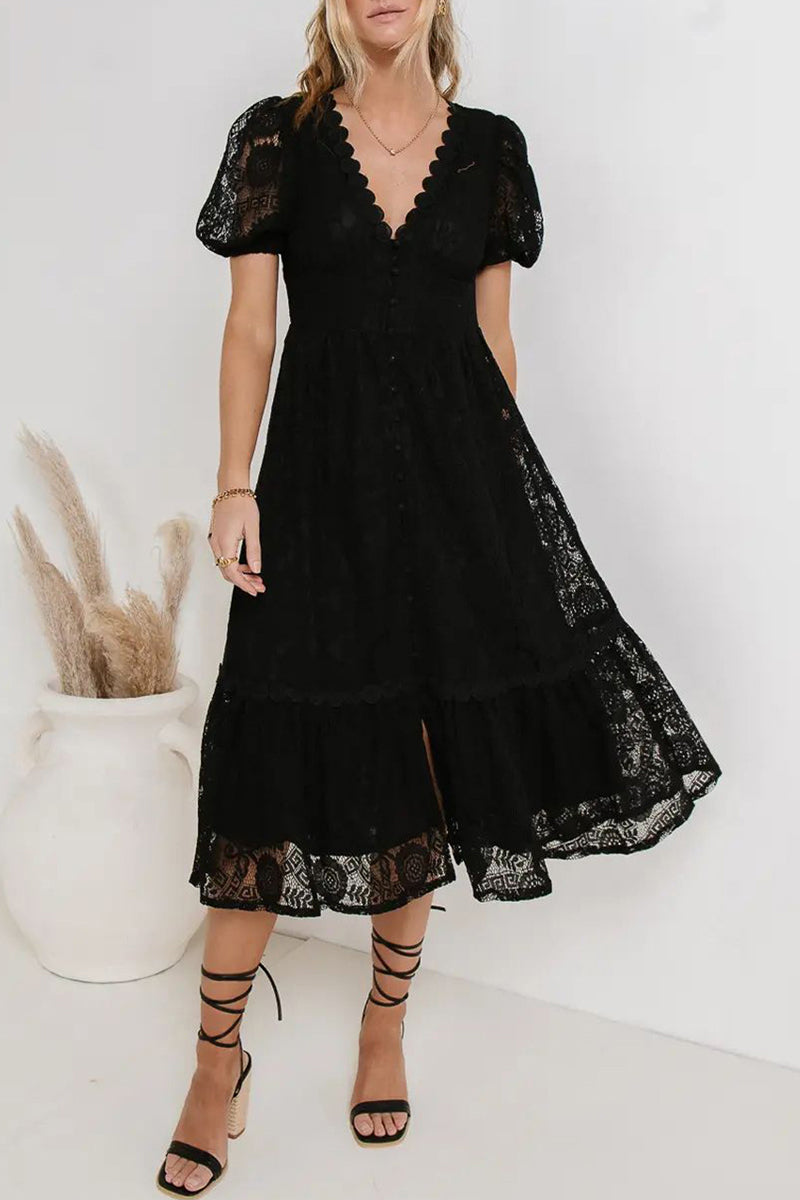 Valenzora | Casual everyday solid color lace button V-neck A-line dresses - 4 colors