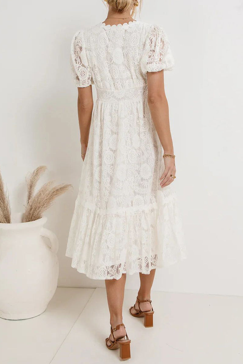 Valenzora | Casual everyday solid color lace button V-neck A-line dresses - 4 colors