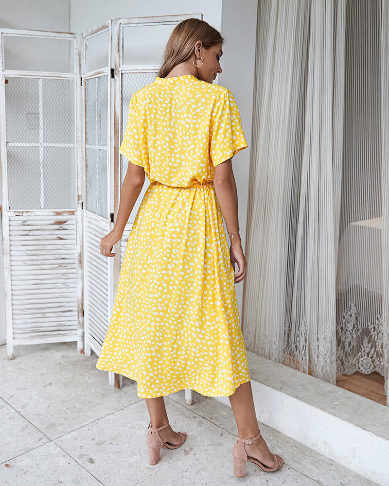 Valenzora | Casual Polka Dot V-Neck Short Sleeve Midi Dress