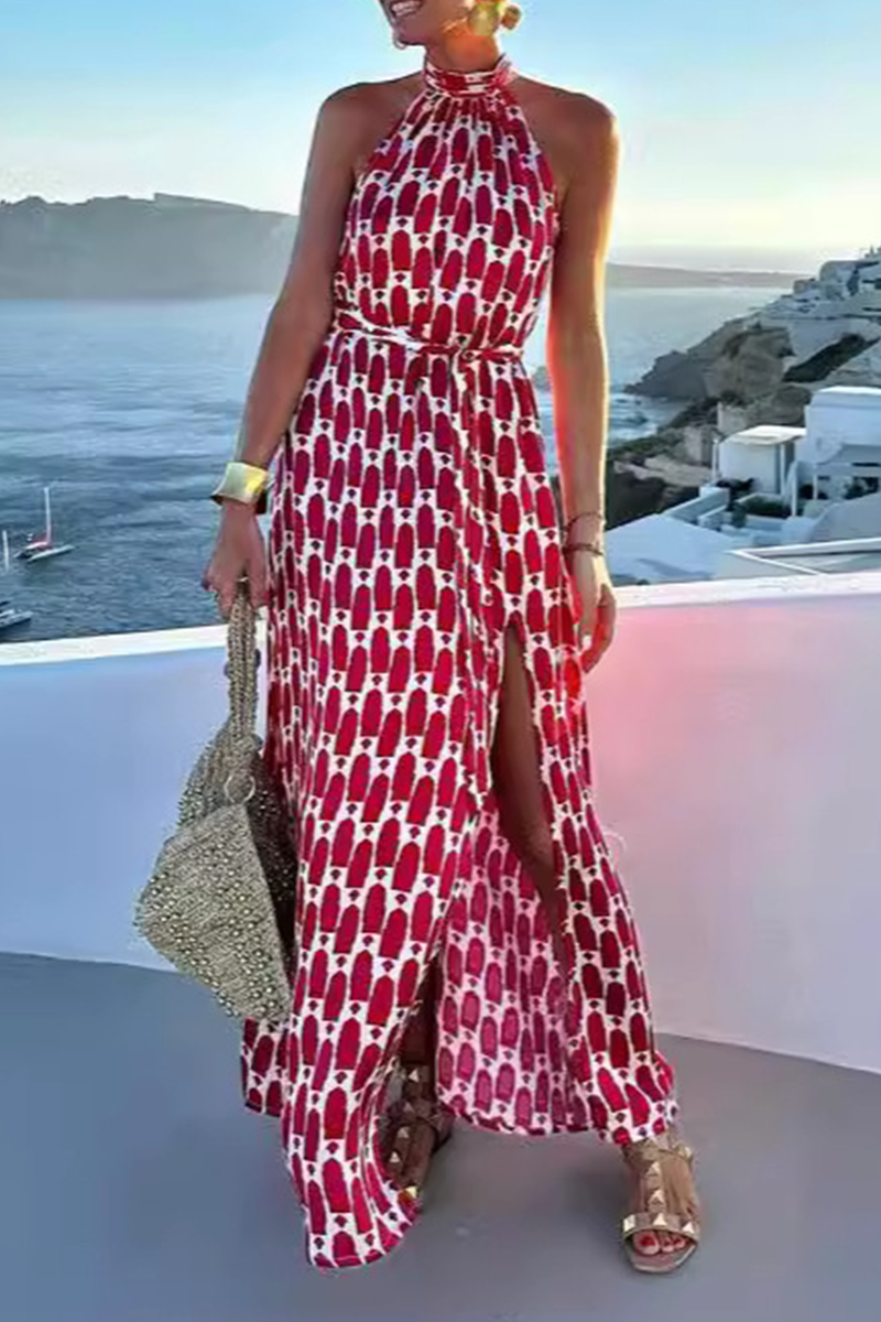 Valenzora | Elegante ärmellose Kleider mit geometrischem Print, Schlitz und Nackenband