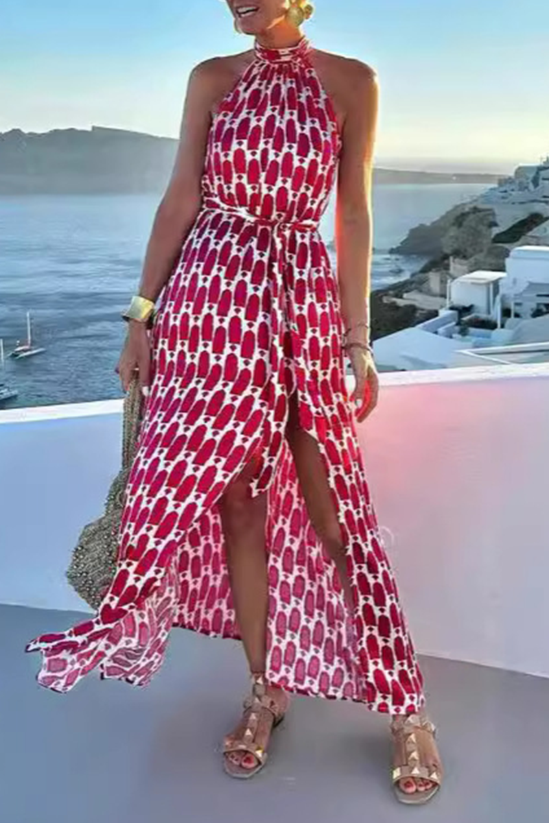 Valenzora | Elegante ärmellose Kleider mit geometrischem Print, Schlitz und Nackenband