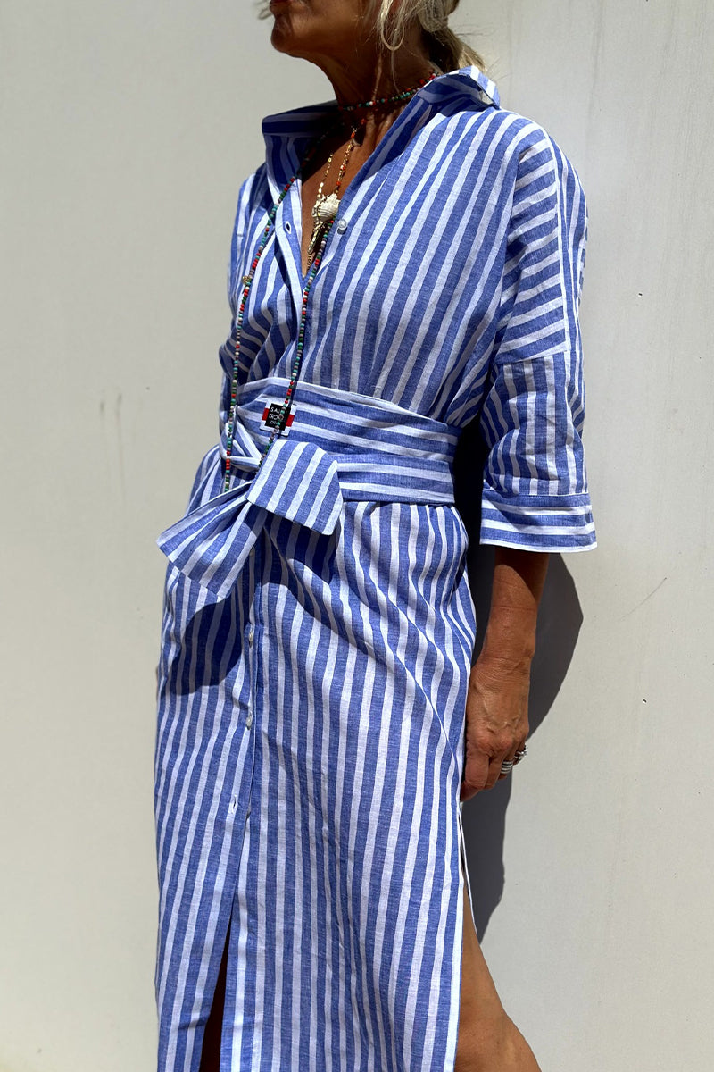 Valenzora | Casual checkered striped print button-up shirt dresses with belt and turn-down collar - 5 colours