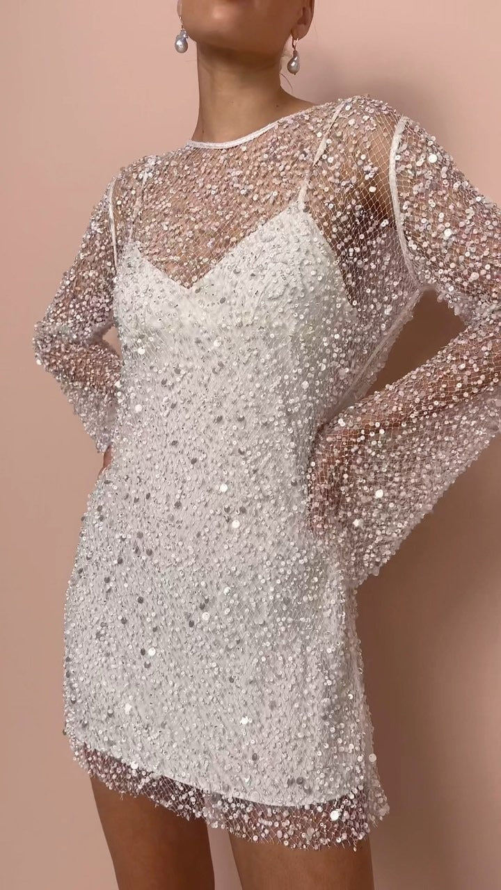 Valenzora | Perlenbesetztes durchsichtiges zweiteiliges Netz-Set mit Sling-Kleid