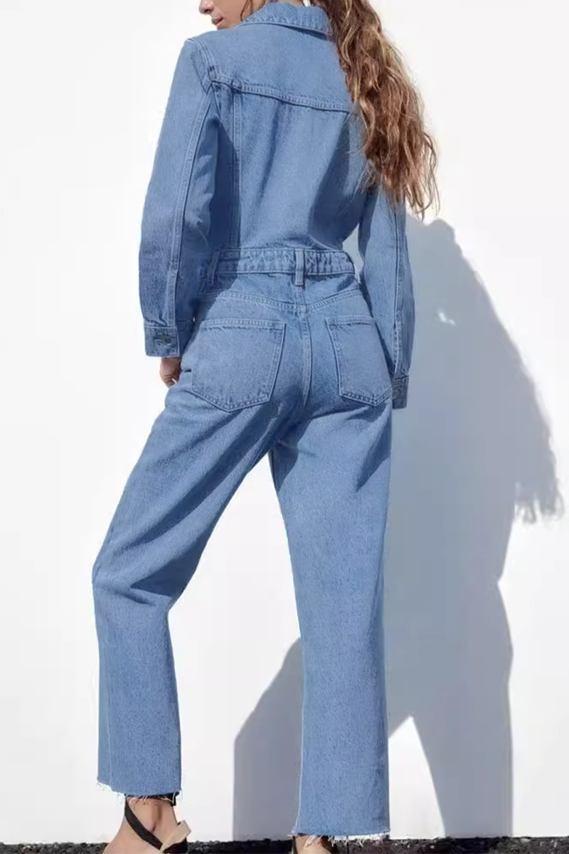 Valenzora | Casual Street Solid Color Pocket Button Turn-Down Collar Long Sleeves Loose Denim Overalls