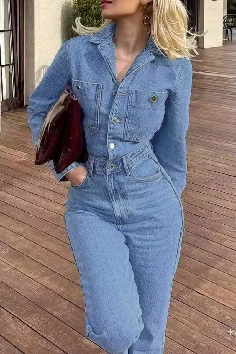 Valenzora | Casual Street Solid Color Pocket Button Turn-Down Collar Long Sleeves Loose Denim Overalls
