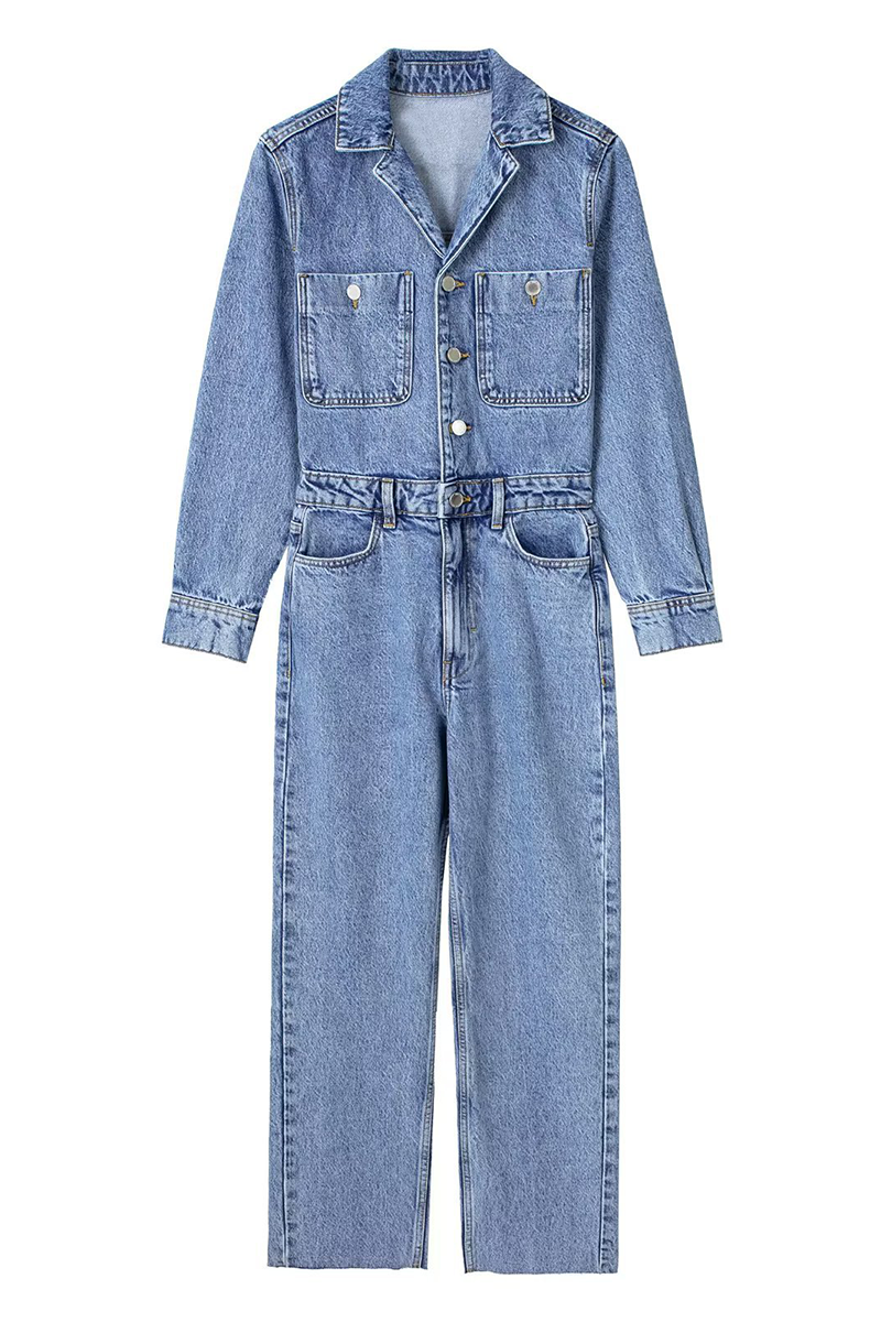 Valenzora | Casual Street Solid Color Pocket Button Turn-Down Collar Long Sleeves Loose Denim Overalls