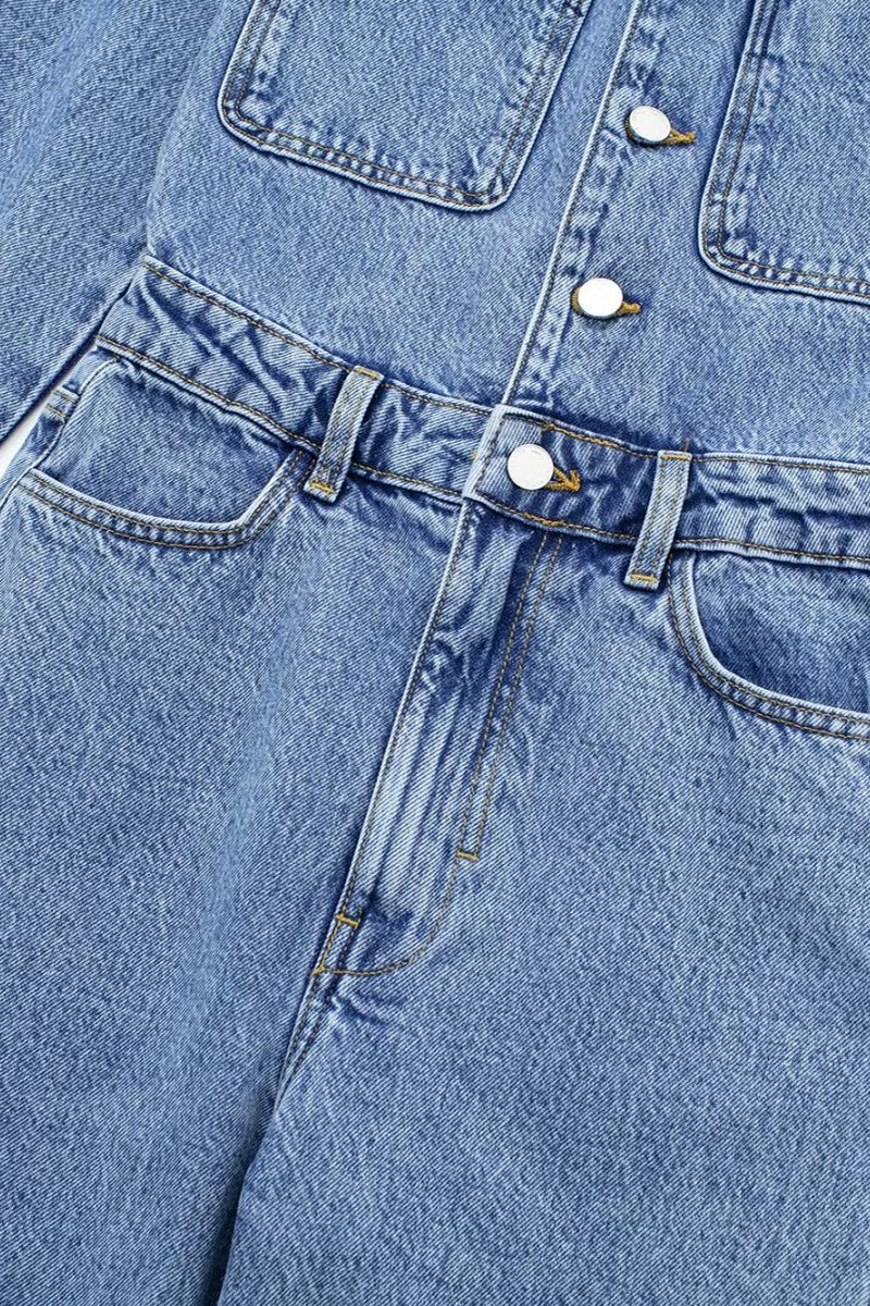 Valenzora | Casual Street Solid Color Pocket Button Turn-Down Collar Long Sleeves Loose Denim Overalls