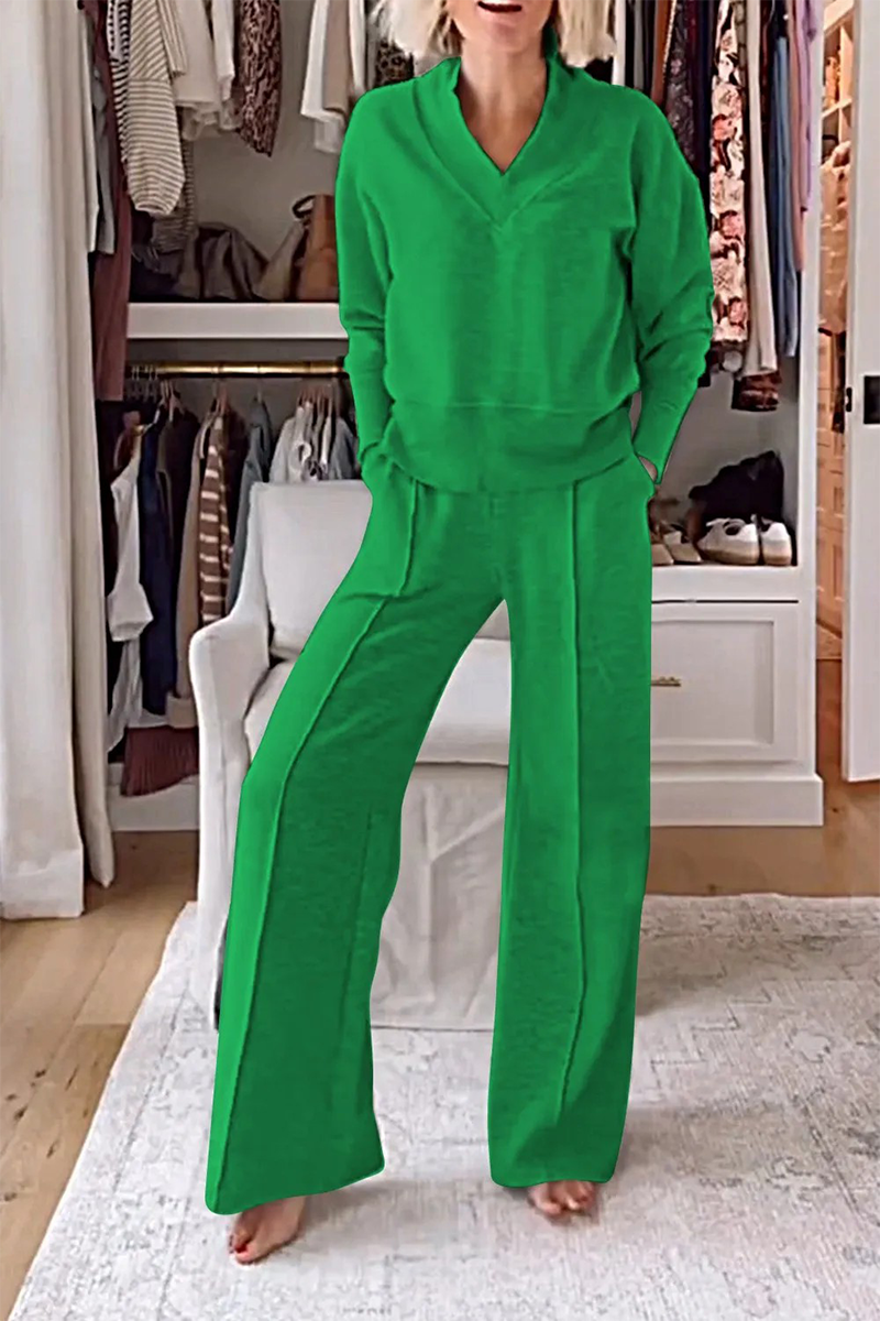 Valenzora | Casual patchwork V-neck long sleeve two-piece set - 7 colours