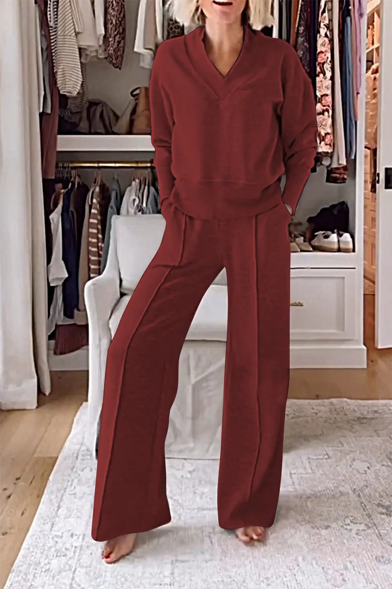 Valenzora | Casual patchwork V-neck long sleeve two-piece set - 7 colours