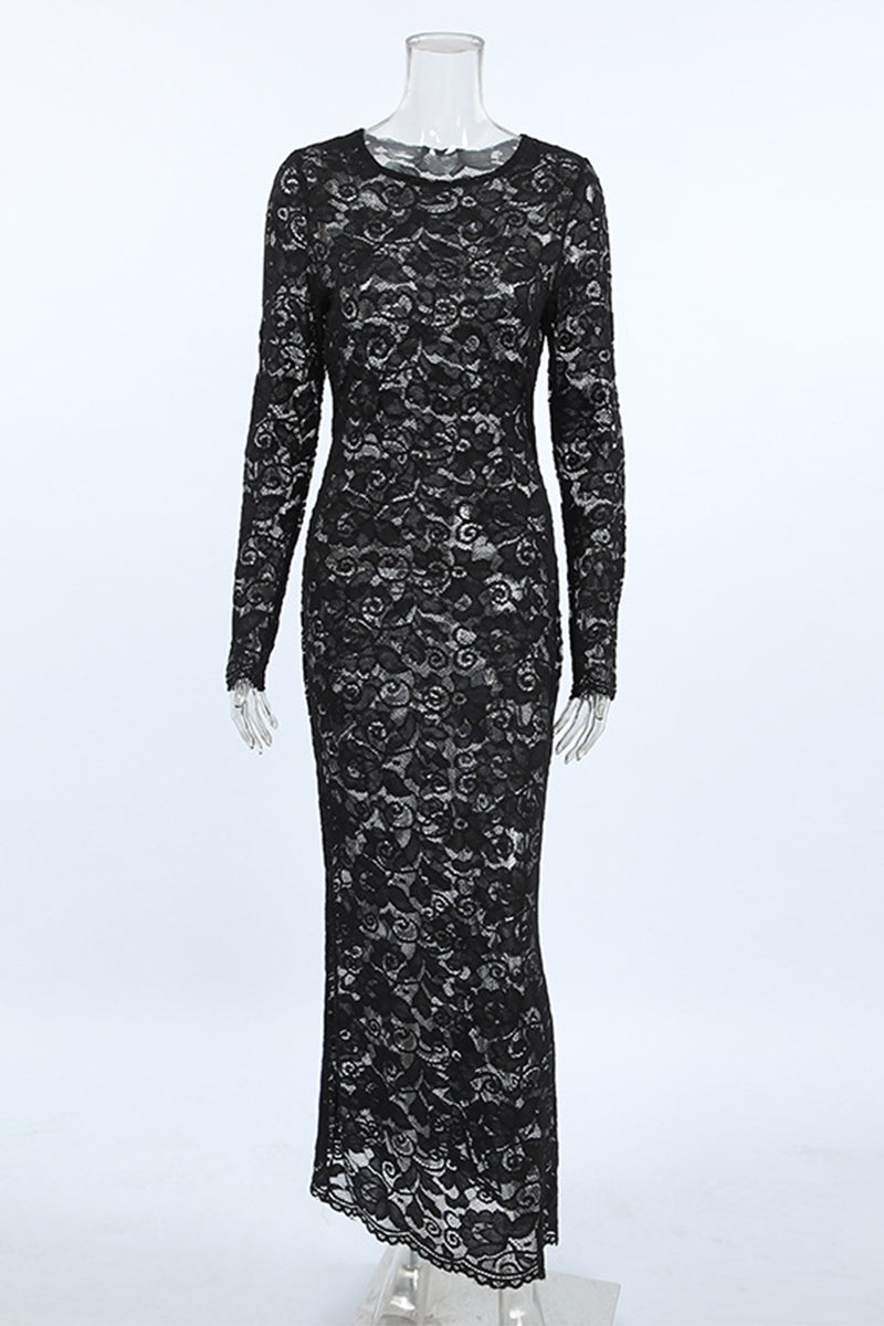 Valenzora | Sexy Spitzen-durchsichtiges Rundhals-Spitzenkleid Kleider
