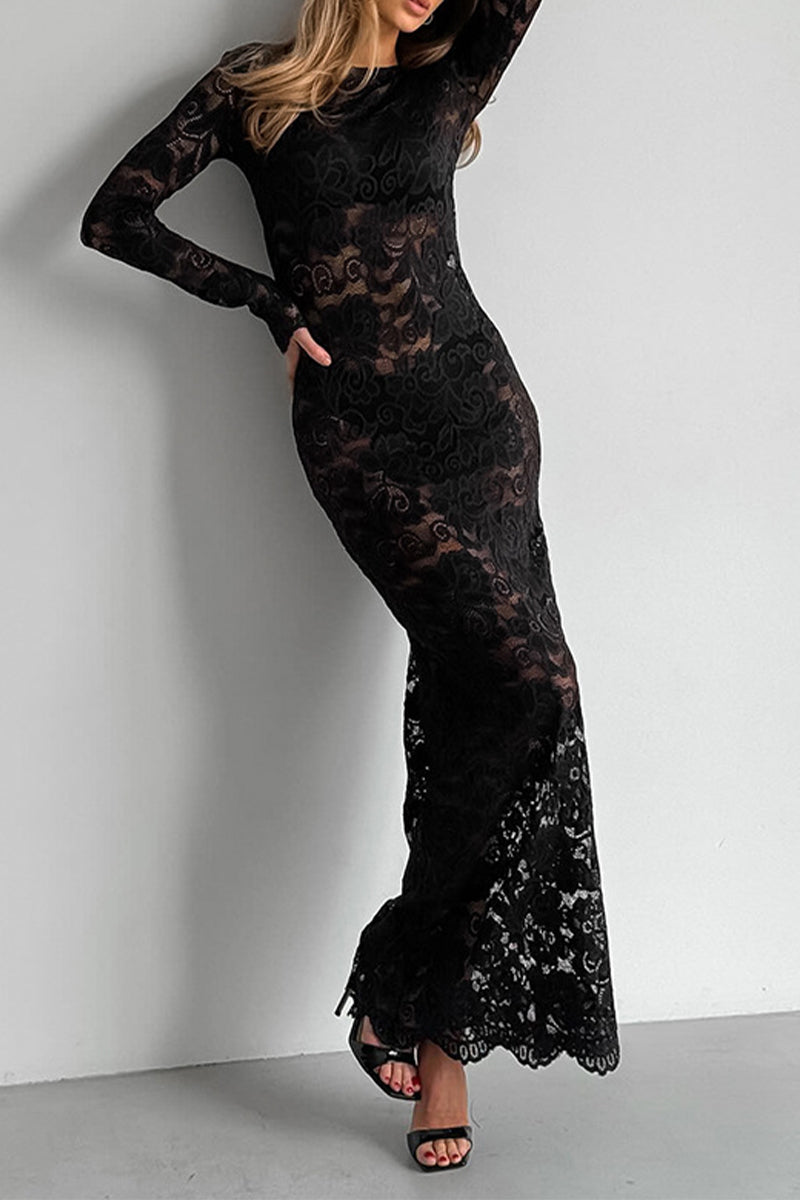 Valenzora | Sexy Spitzen-durchsichtiges Rundhals-Spitzenkleid Kleider