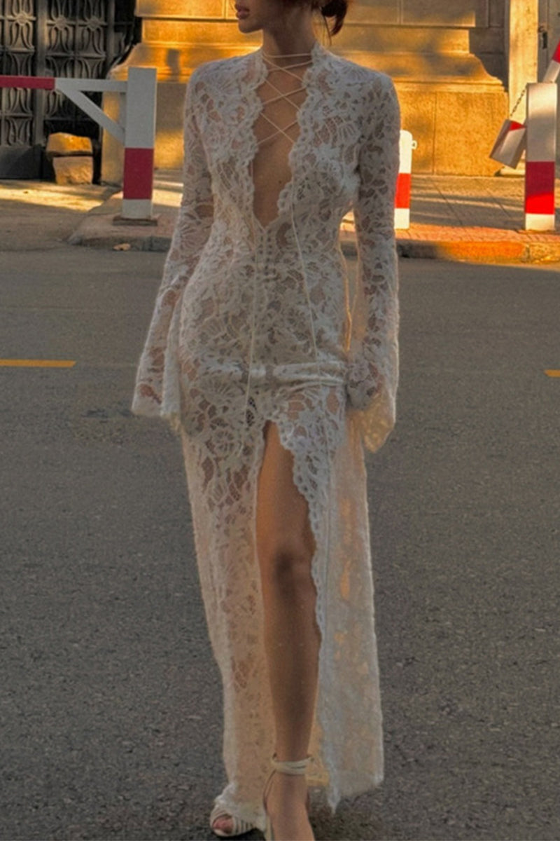 Valenzora | Sexy Lace Sheer Strapless V-Neck Lace Dress Dresses