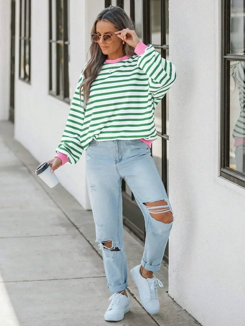Valenzora | Gestreiftes Sweatshirt mit pinken Details für Damen