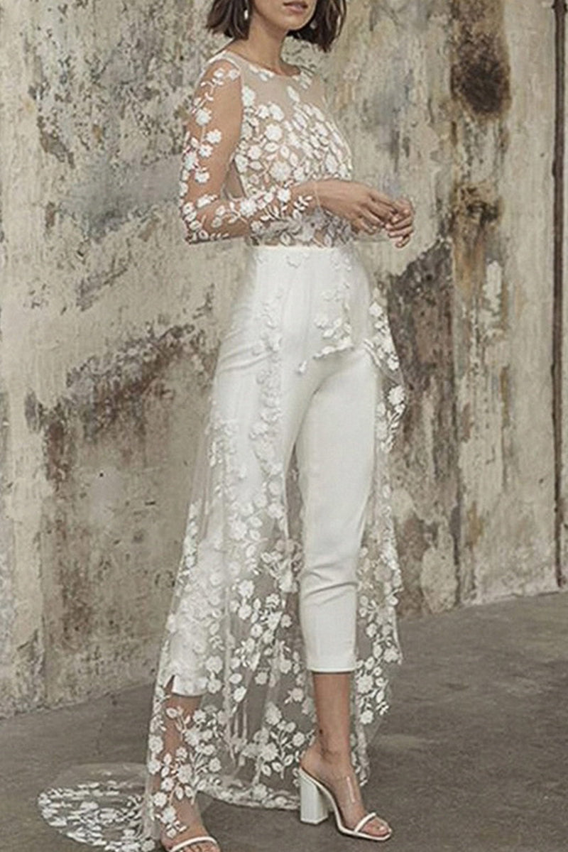 Valenzora | Sexy Spitzen-Patchwork-Jumpsuit mit Rundhalsausschnitt und geradem Bein