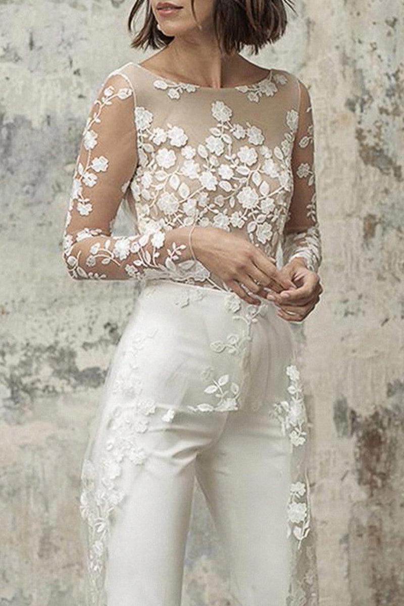 Valenzora | Sexy Spitzen-Patchwork-Jumpsuit mit Rundhalsausschnitt und geradem Bein