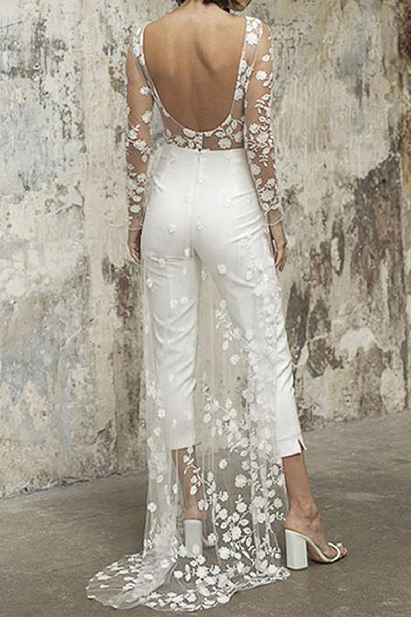 Valenzora | Sexy Spitzen-Patchwork-Jumpsuit mit Rundhalsausschnitt und geradem Bein