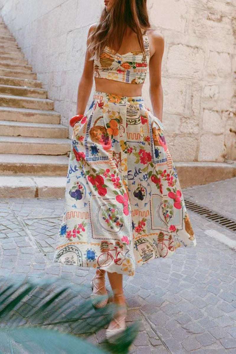 Valenzora | Elegant floral print, pocket, ruffle contrast, square neckline, sleeveless two-piece
