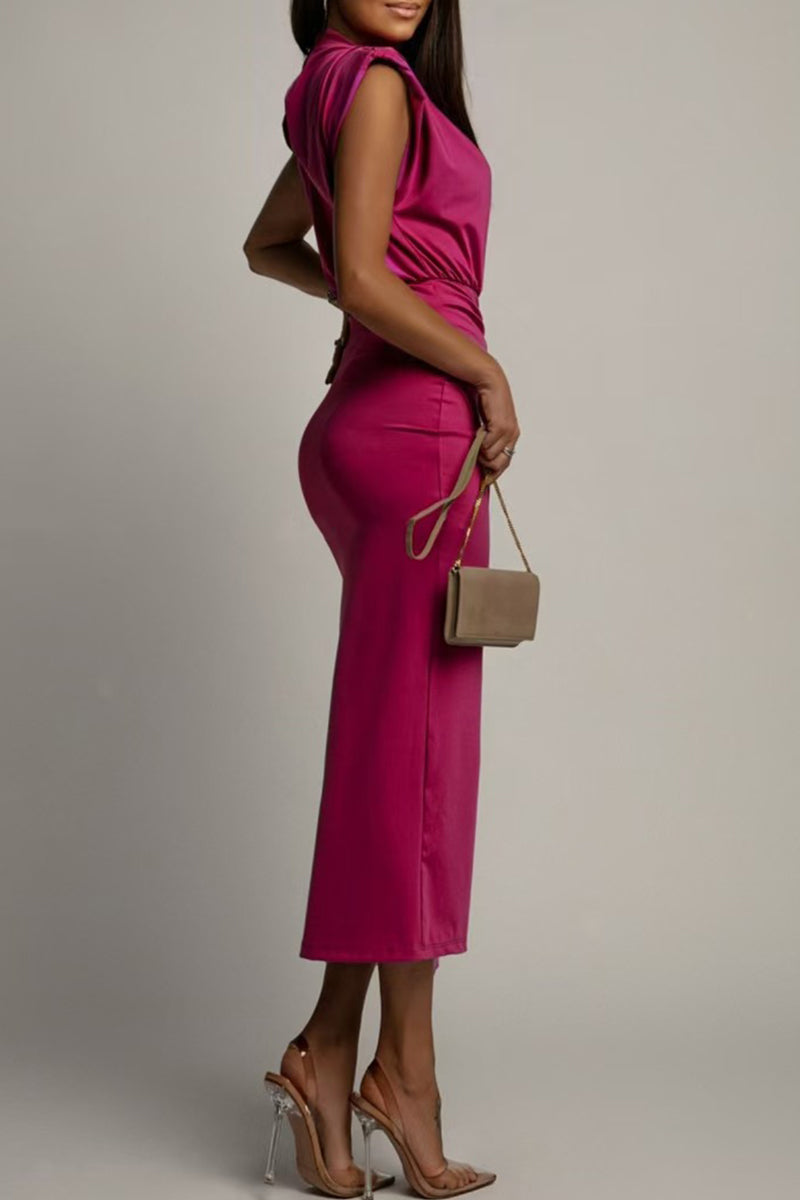 Valenzora | Elegant Slit, Gathered O-Neck Wrap Skirt Dress - 3 Colors